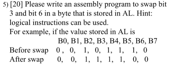  5) [20] Please write an assembly program to swap bit 3