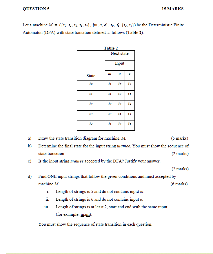 Discrete math QUESTION 5 15 MARKS Let a machine M = ({50,