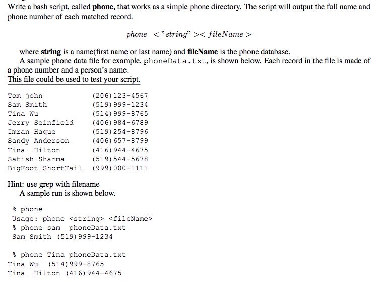  Write a bash script, called phone, that works as a simple