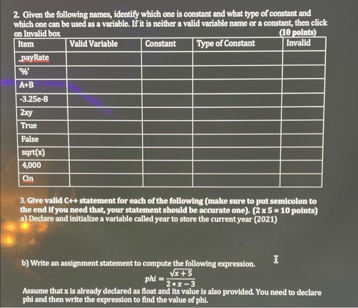 using c++ 2. Given the following names, identify which one is constant