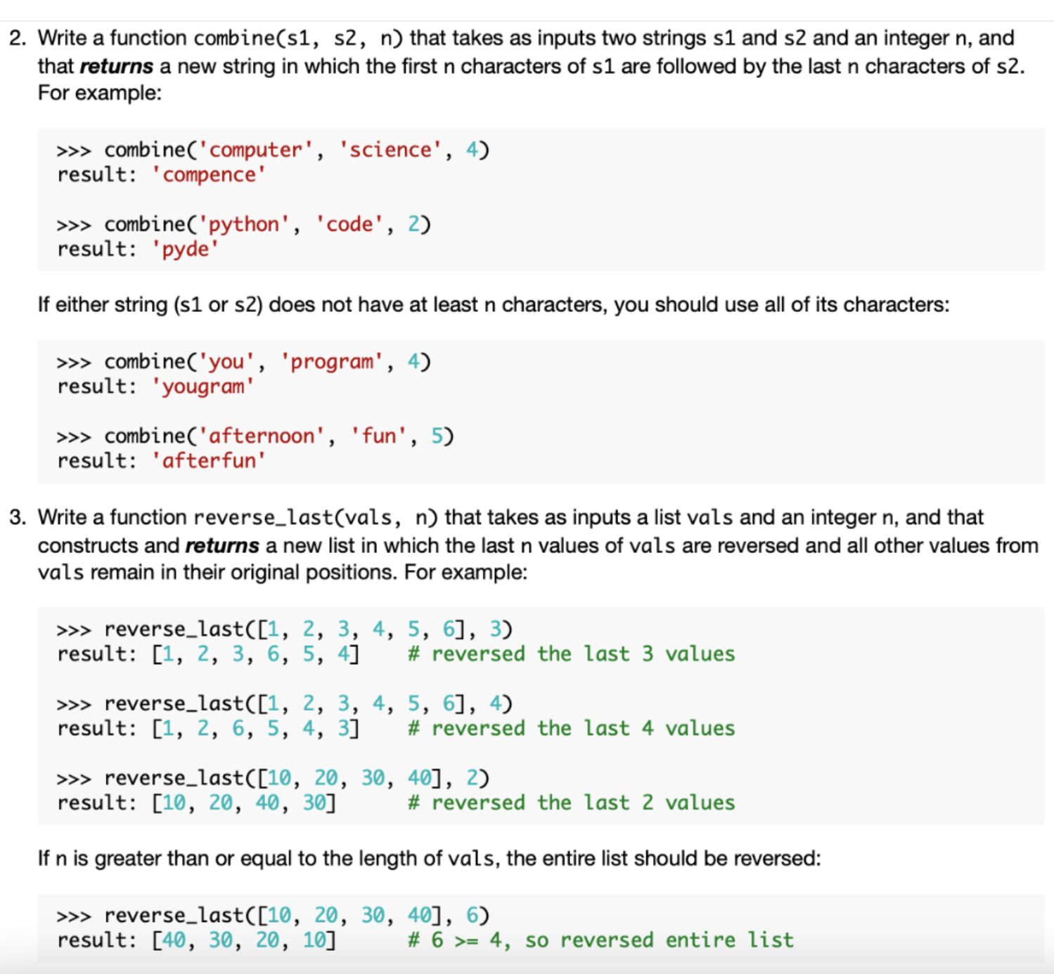  Write a function combine(s1, s2,n) that takes as inputs two strings