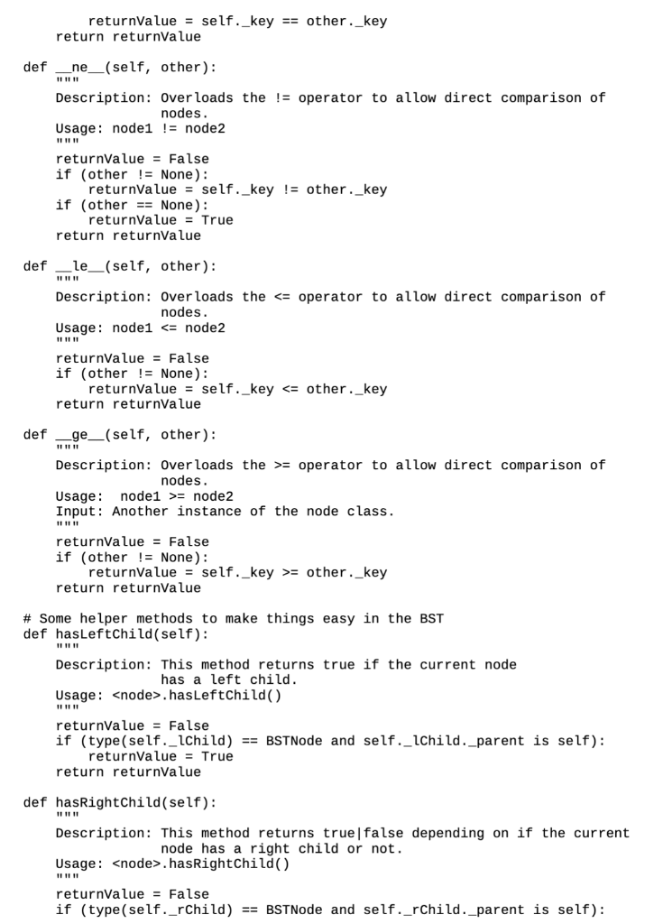 BinarySearchTree class. To receive any credit, your class must follow the specifications