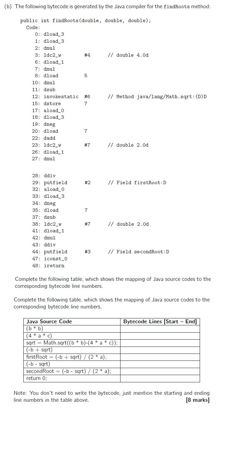  (b) The following bytecode is generated by the Java compiler for