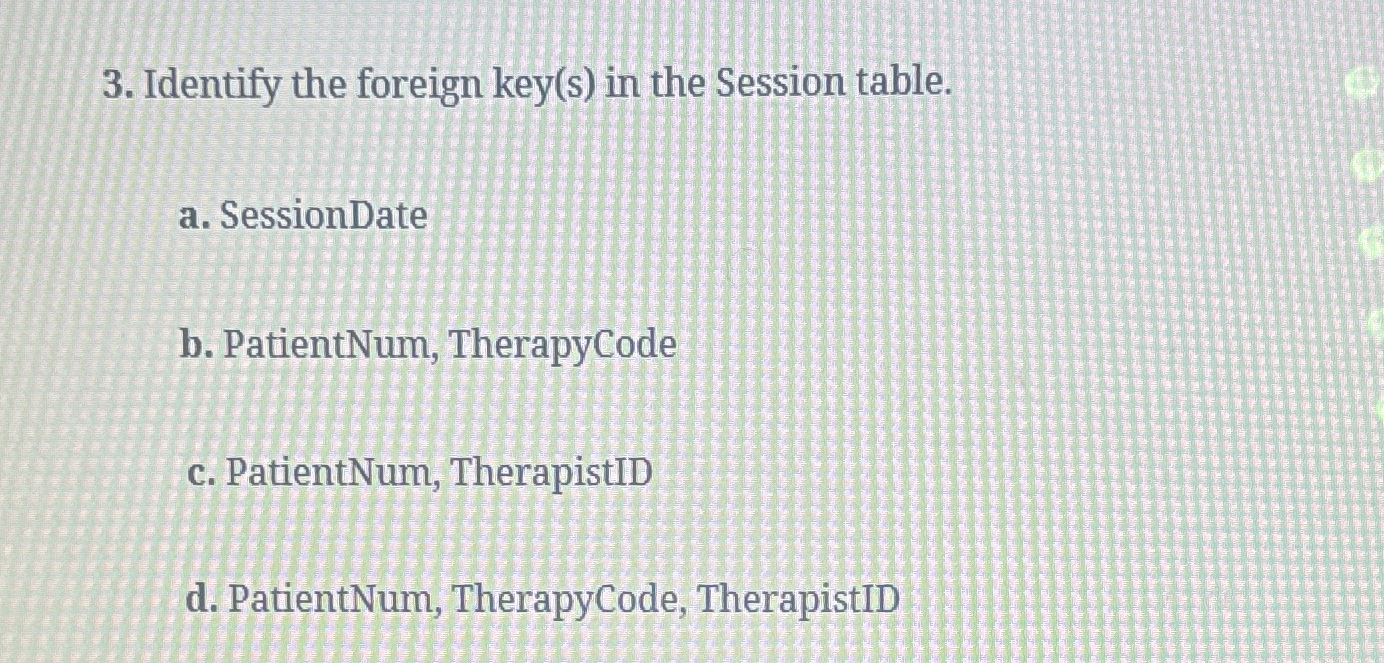  Identify the foreign key(s) in the Session table. a. SessionDate b.