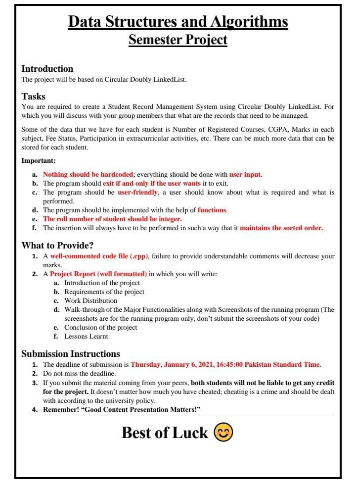  Data Structures and Algorithms Semester Project Introduction The project will be
