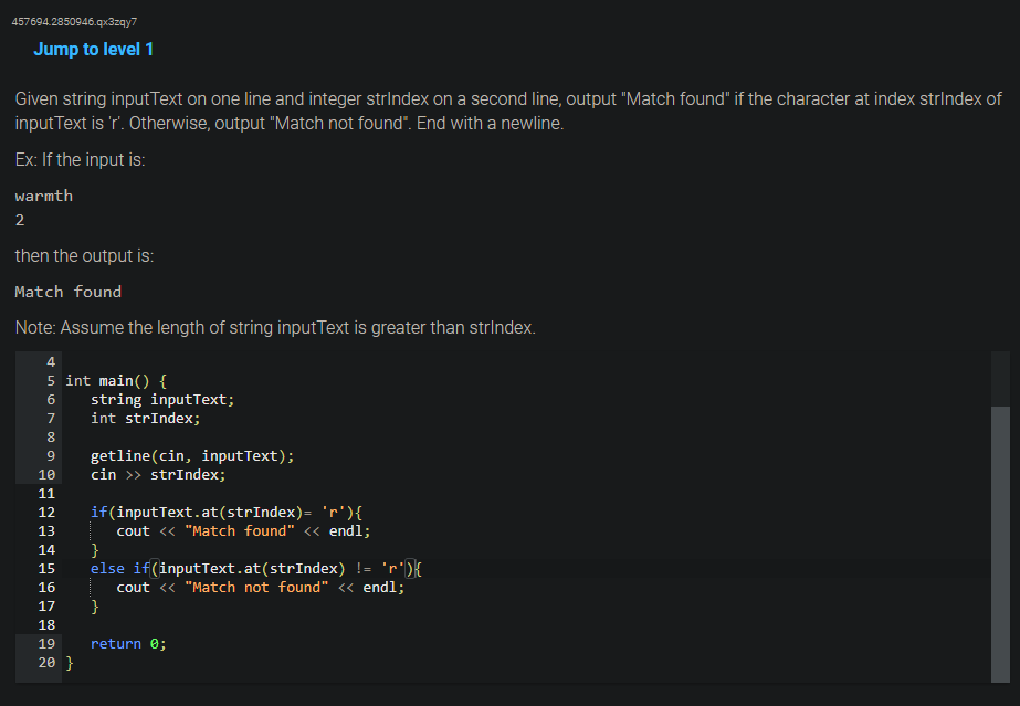 C++ Given string inputText on one line and integer strIndex on a