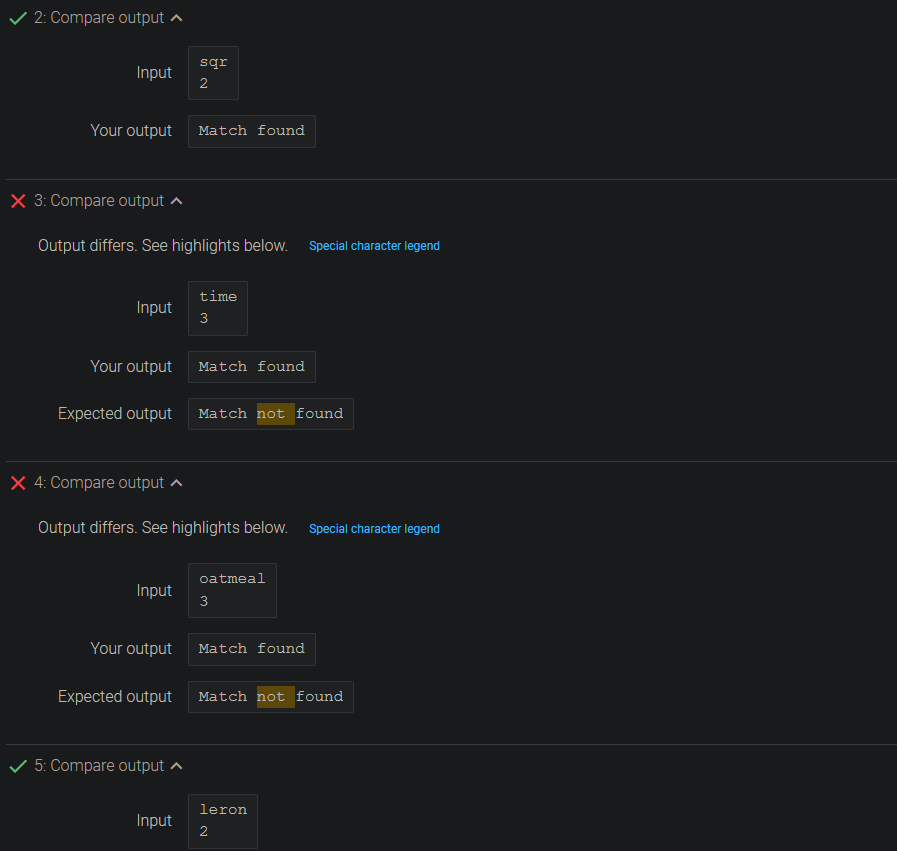 second line, output "Match found" if the character at index strIndex of