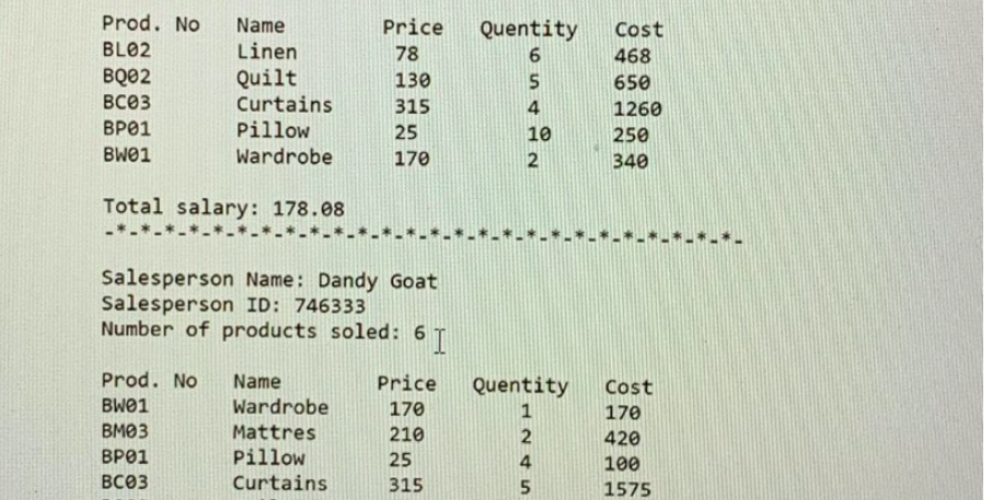 the cost of a product (price * quantity). The class also has