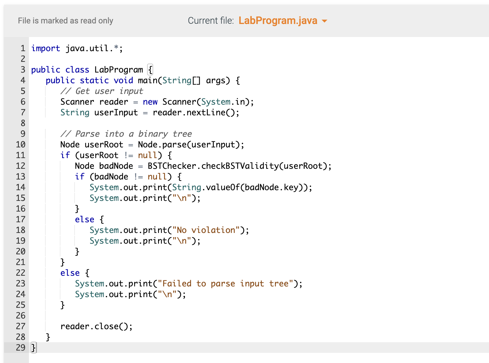 declaration for a BST node in Node.java. Access Node.java by clicking on
