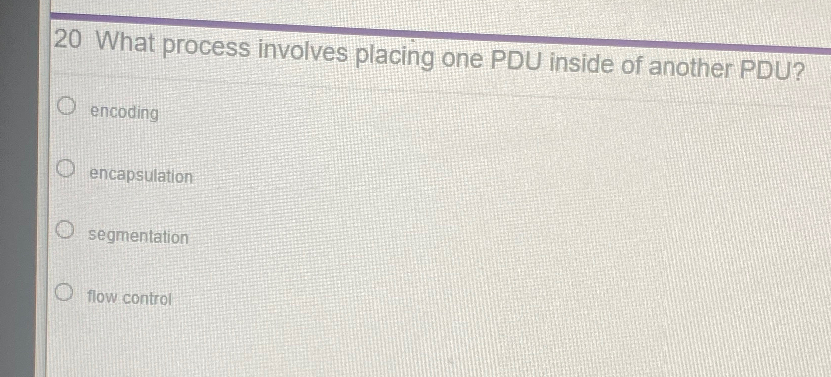  20 What process involves placing one PDU inside of another PDU?