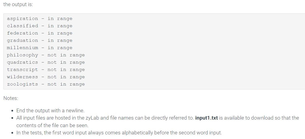 of an input file, followed by two strings representing the lower and