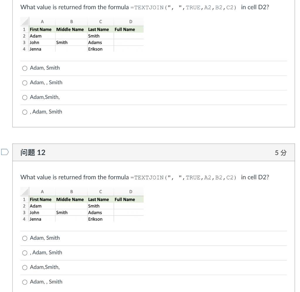 What value is returned from the formula =TEXTJOIN(", ", TRUE, A2,B2,C2)