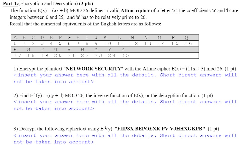  Part 1:(Encryption and Decryption)(3 pts) The function E(x)=(ax+b) MOD 26 defines