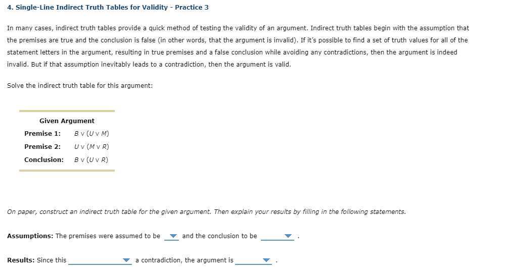 undefined 4. Single-Line Indirect Truth Tables for Validity - Practice 3 In