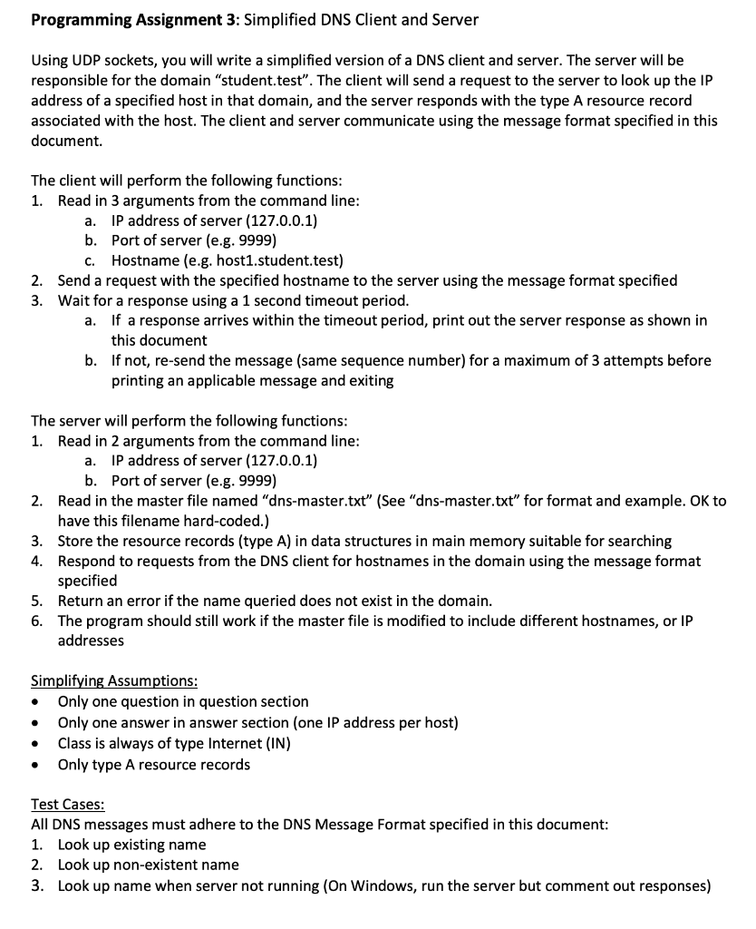Write in Python Programming Assignment 3: Simplified DNS Client and Server Using