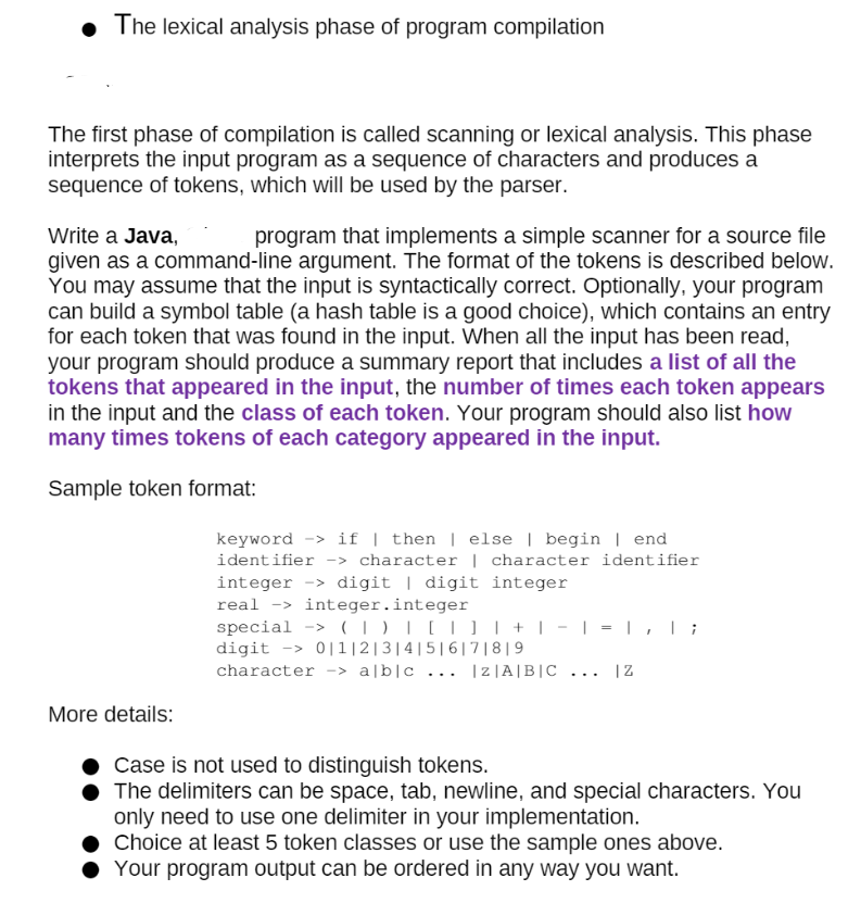  Java The lexical analysis phase of program compilation The first phase