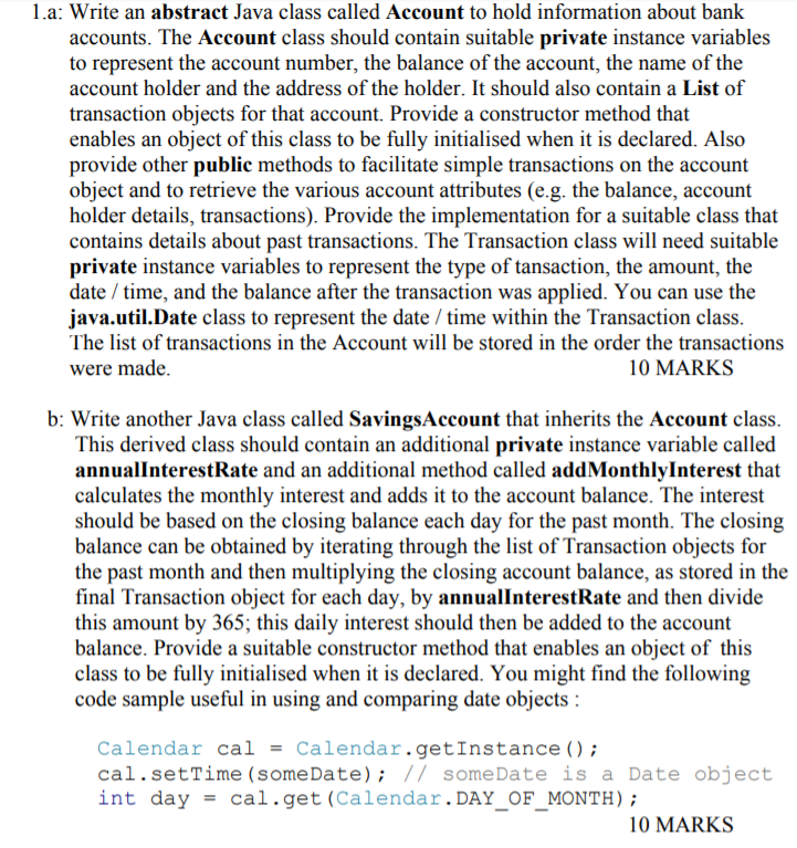 java 1.a: Write an abstract Java class called Account to hold information