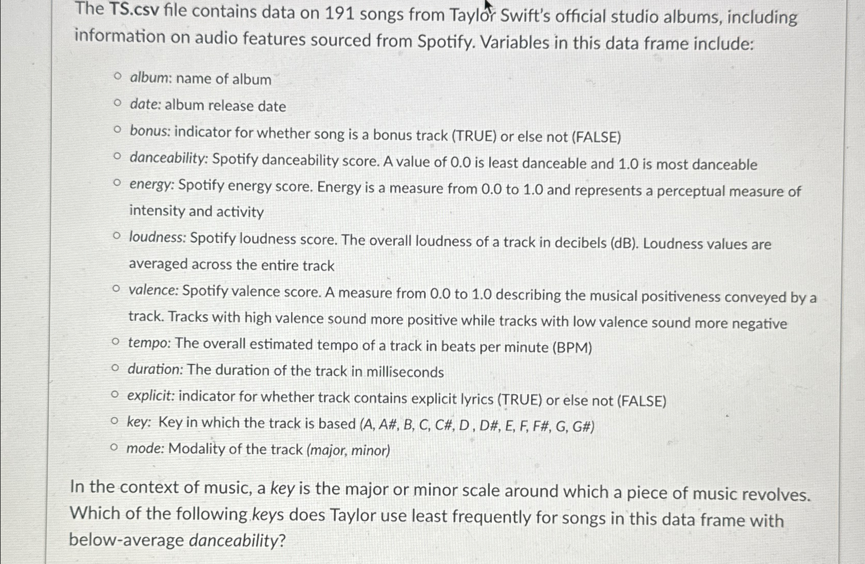  The TS.csv file contains data on 191 songs from Taylor Swift's