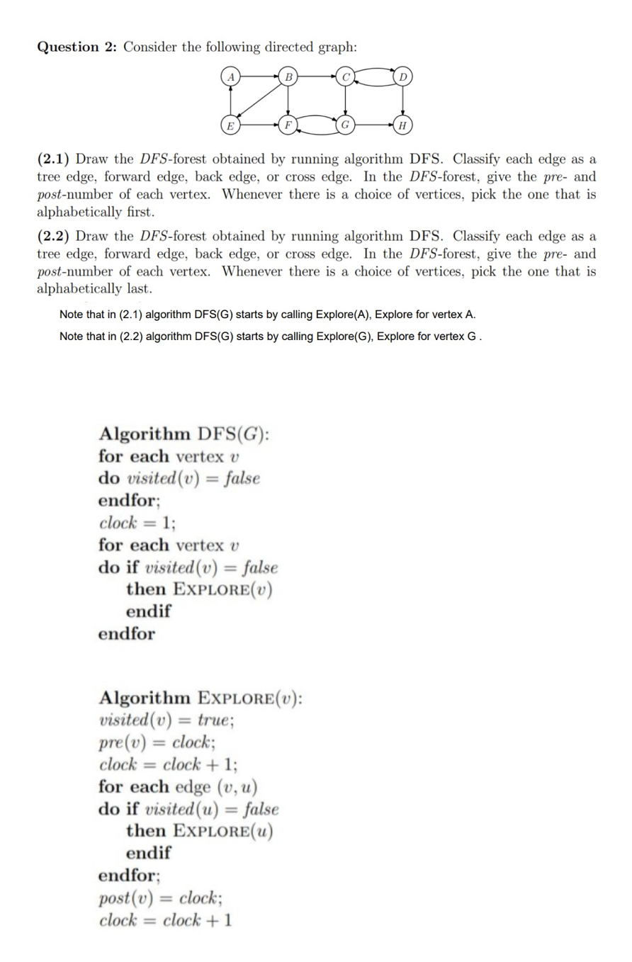  Algorithm DFS(G) : for each vertex v do visited (v)= false