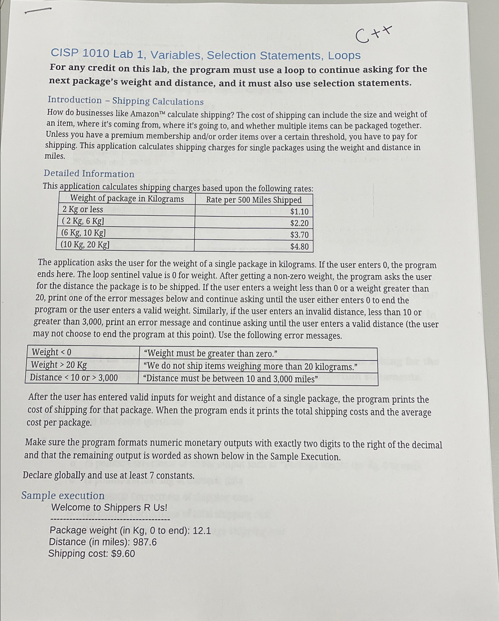 CISP 1010 Lab 1, Variables, Selection Statements, Loops For any credit