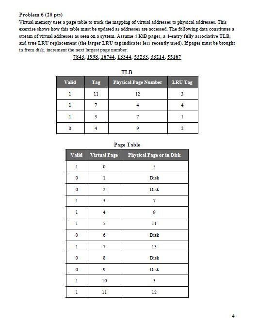  Problem 6 (20 pts) Virtual memory uses a page table to