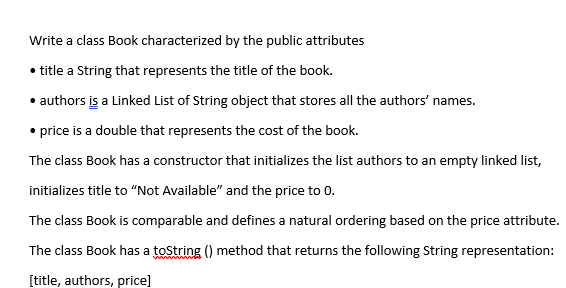 Write a class Book characterized by the public attributes . title