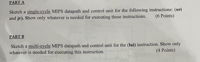 PART A Sketch a single-cycle MIPS datapath and control unit for