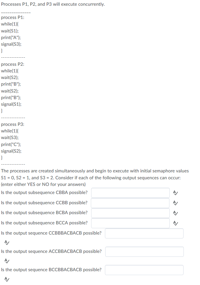 SEMAPHORES problem Please explain Processes P1, P2, and P3 will execute concurrently