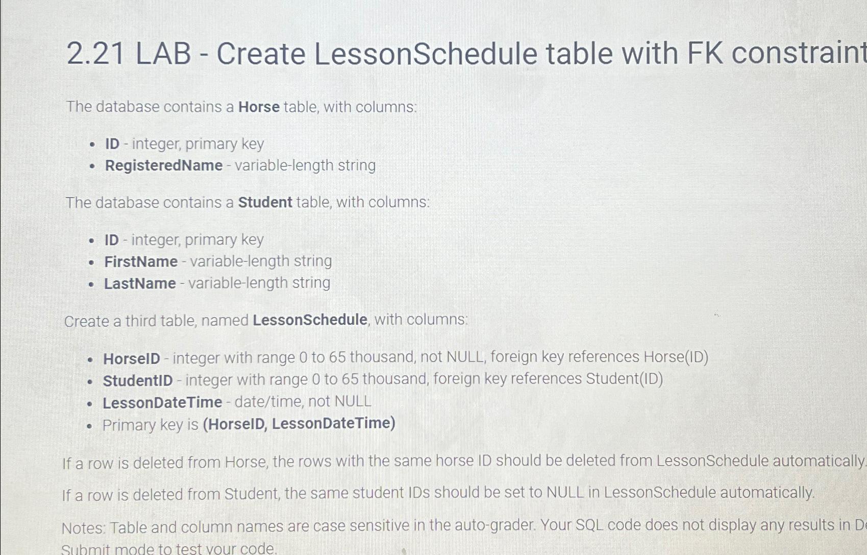  2.21 LAB - Create LessonSchedule table with FK constraint The database
