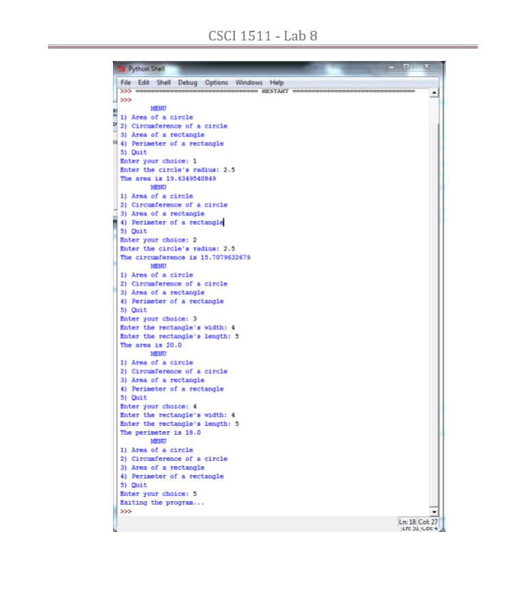 from a menu, find the area or rectangle of a circle, or