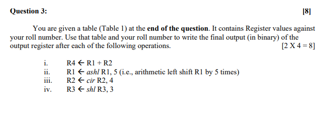 Question 3: [8] You are given a table (Table 1) at