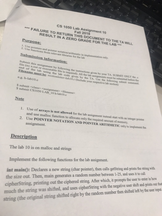  Cs 1050 Lab Assignment 10 Fall 2018 FAILURE TO RETURN THIS