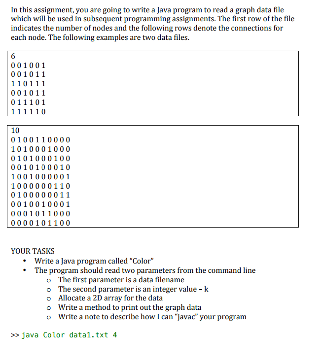 write a Java program to read a graph data file which will