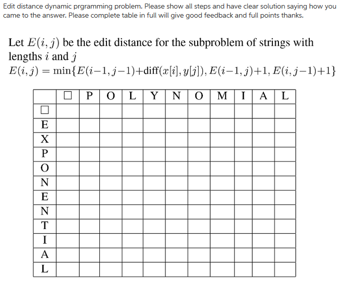 Edit distance dynamic programming problem. Please show all steps and have
