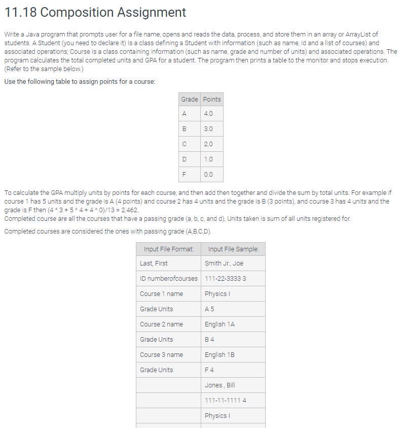 Answer in Java and use an ArrayList 11.18 Composition Assignment Write a