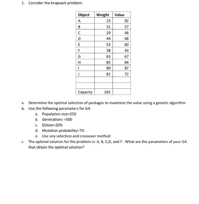  1. Consider the knapsack problem Object Weight Value 23 31 29