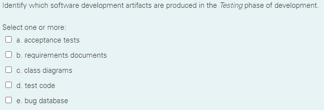 Identify which software development artifacts are produced in the Testing phase