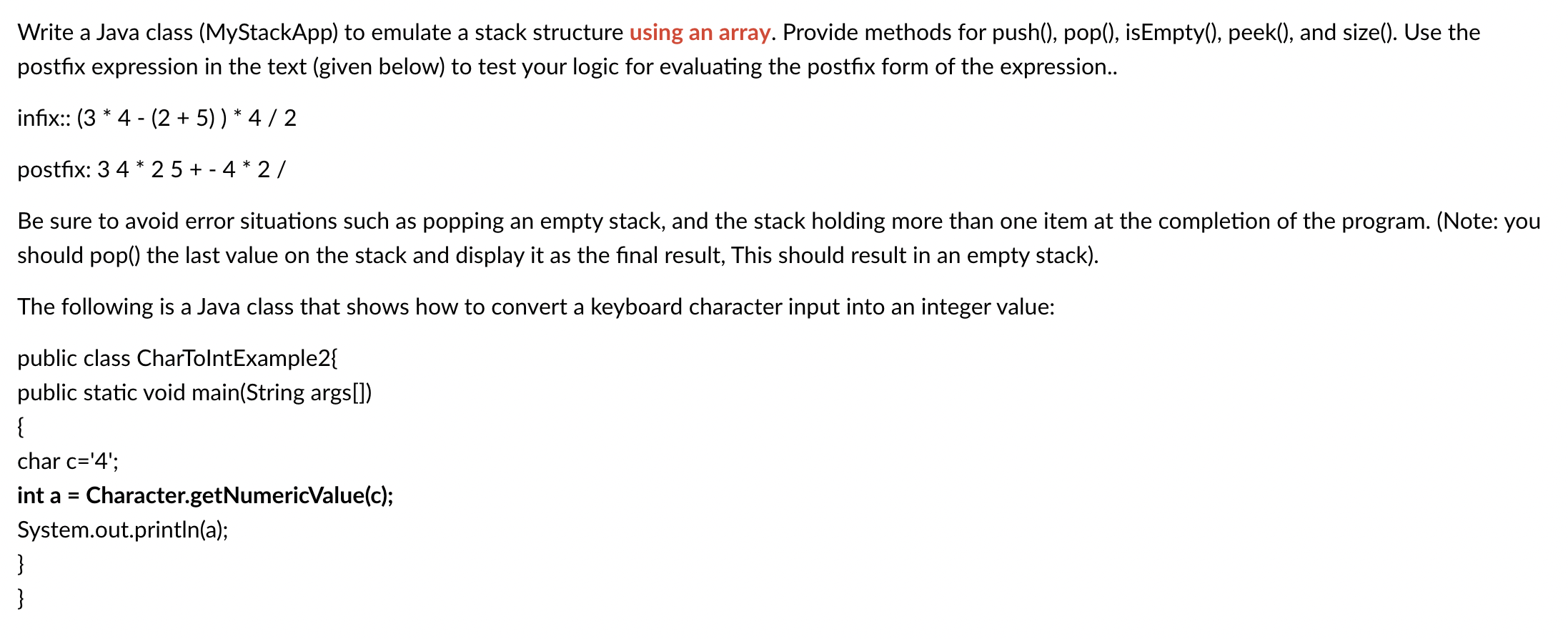  Write a Java class (MyStackApp) to emulate a stack structure using