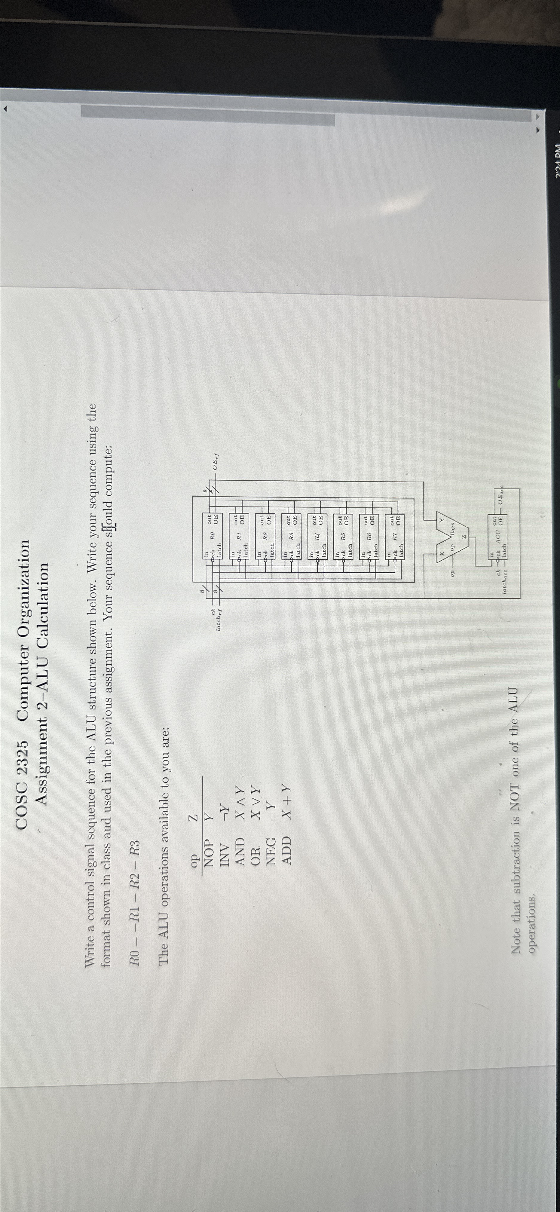  COSC 2325 Computer Organization Assignment 2-ALU Calculation Write a control signal