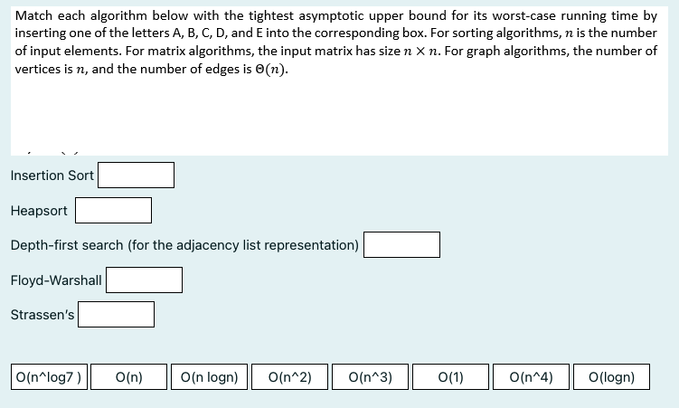  Match each algorithm below with the tightest asymptotic upper bound for