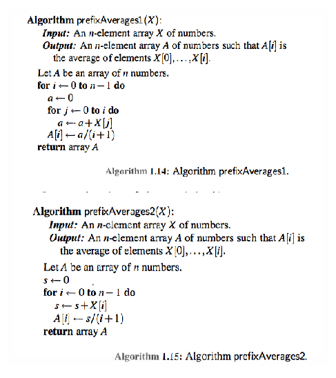 prefixAverages1, and prefixAverages2 from Section 1.4 in the textbook (and also provided