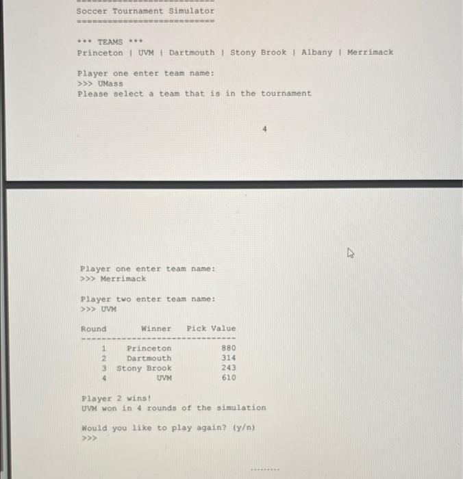 two player game that prompts each user to pick a team, the