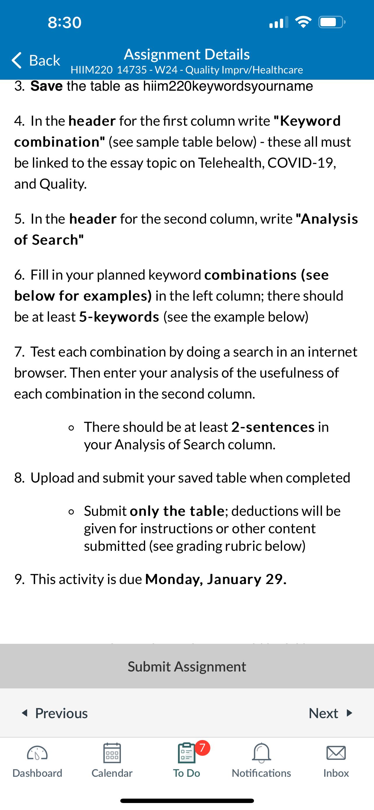  8:30 .|| Back Assignment Details HIIM22014735- W24- Quality Imprv/Healthcare 3. Save