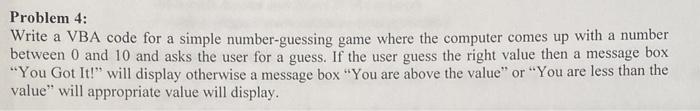 Write a basic VBA code for a simple number-guessing game where the
