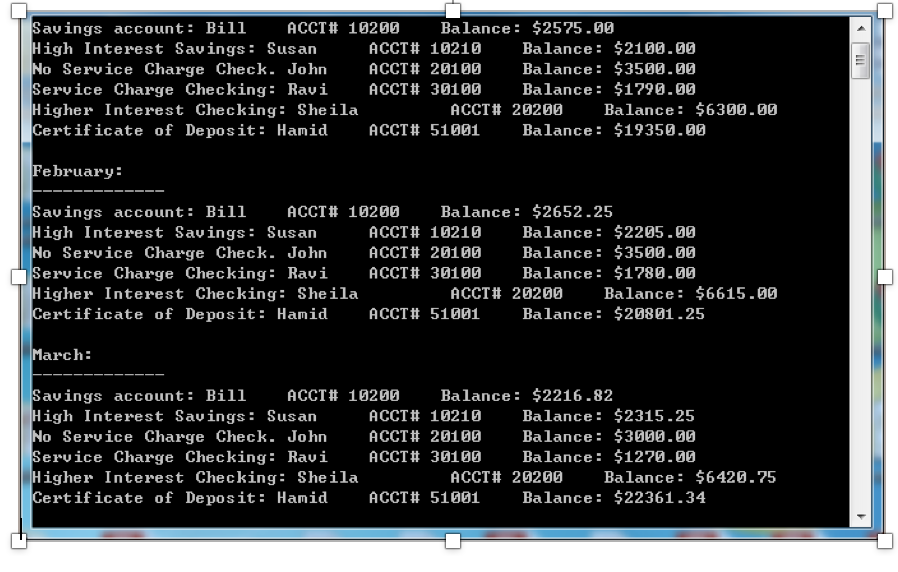 class 3. The function to create monthly statements in bankAccount class should
