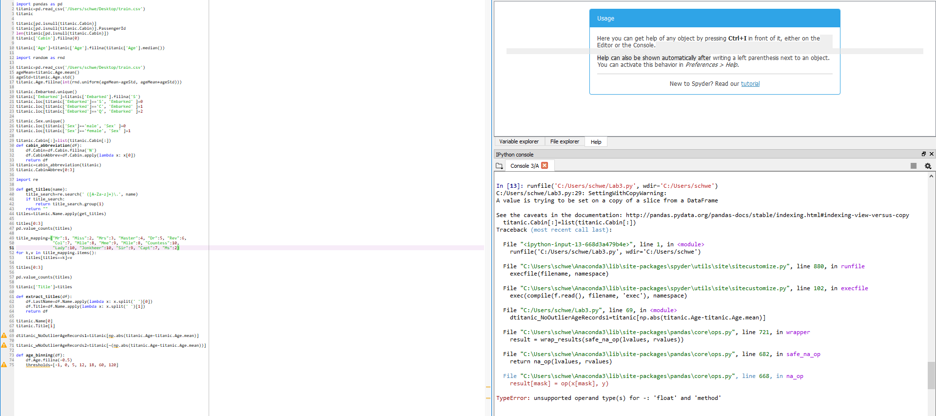 I can't get the following python code to run without errors. Can