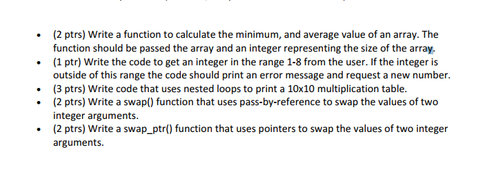  C++ .(2 ptrs) Write a function to calculate the minimum, and