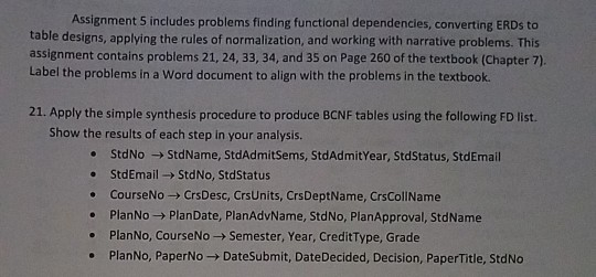  Assignment 5 includes problems finding functional dependencies, converting ERDs to table