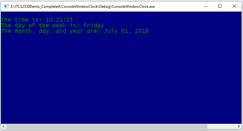 a Console window, asks for some information and displays the time, day