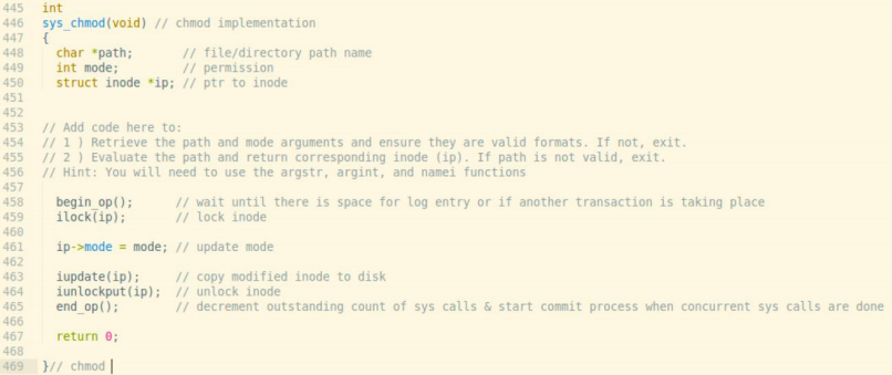 xv6 chmod function. Most of the code is below, just need to
